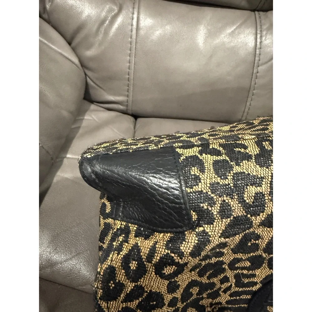 Tory Burch Ella Medium Tote Bag Leopard Print Jacquard Leather Black Tan